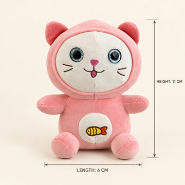 Kitty in a Hood Plush Toy – Pink Cat with Fish Patch