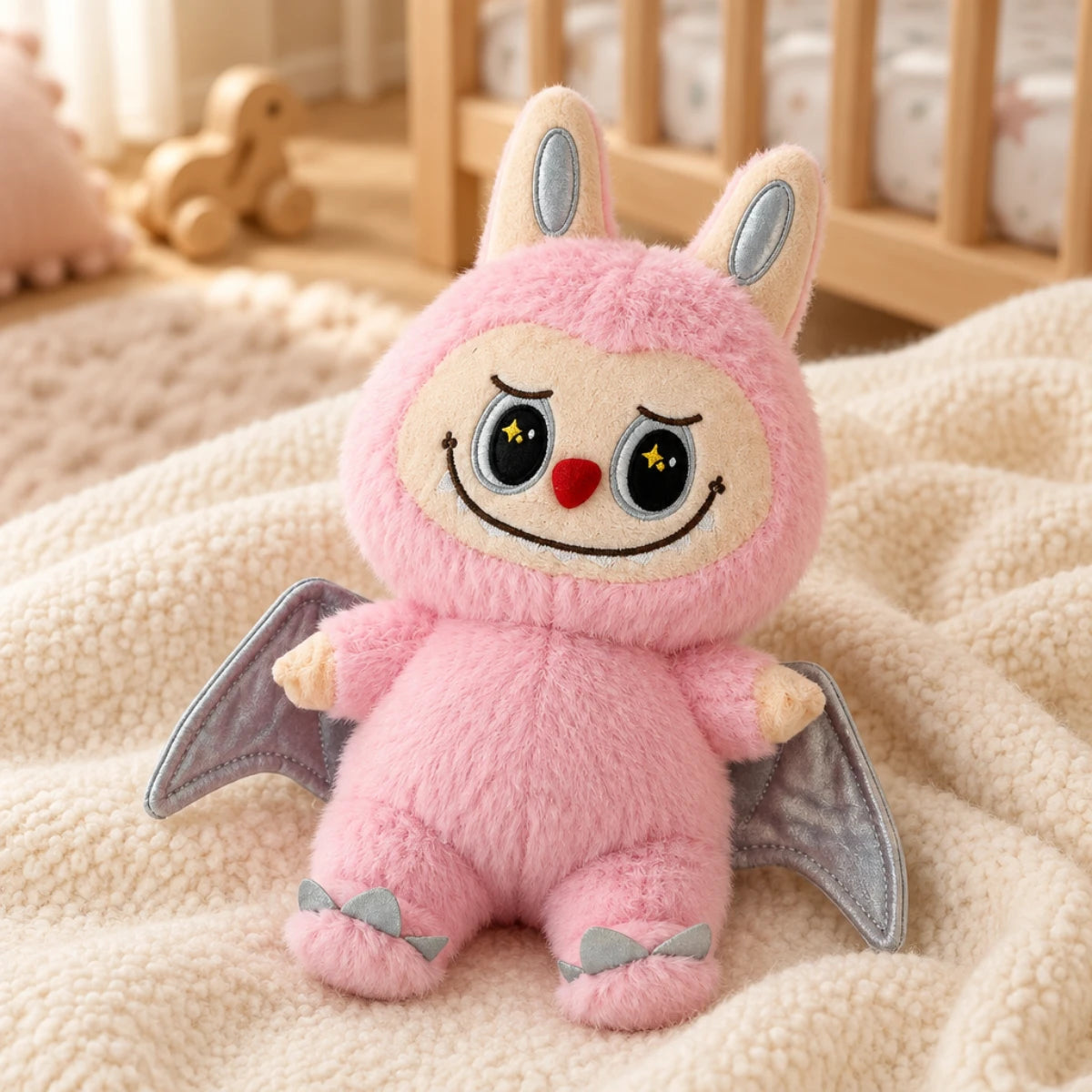 Pink bunny-inspired plush toy with silver-gray wings in a cozy nursery