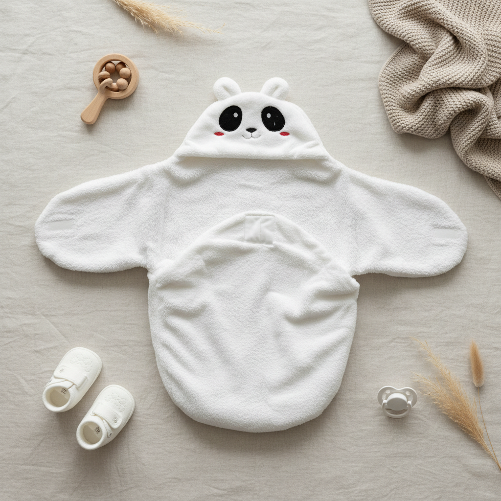 White panda hooded swaddle wrap – premium flat lay with white booties, wooden rattle, pacifier and pampas grass