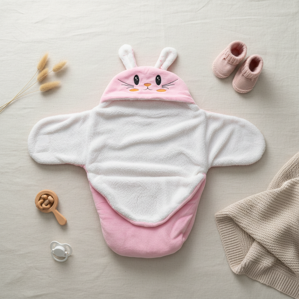Pink bunny hooded swaddle wrap – lifestyle flat lay with pink booties, wooden rattle, pacifier and pampas grass