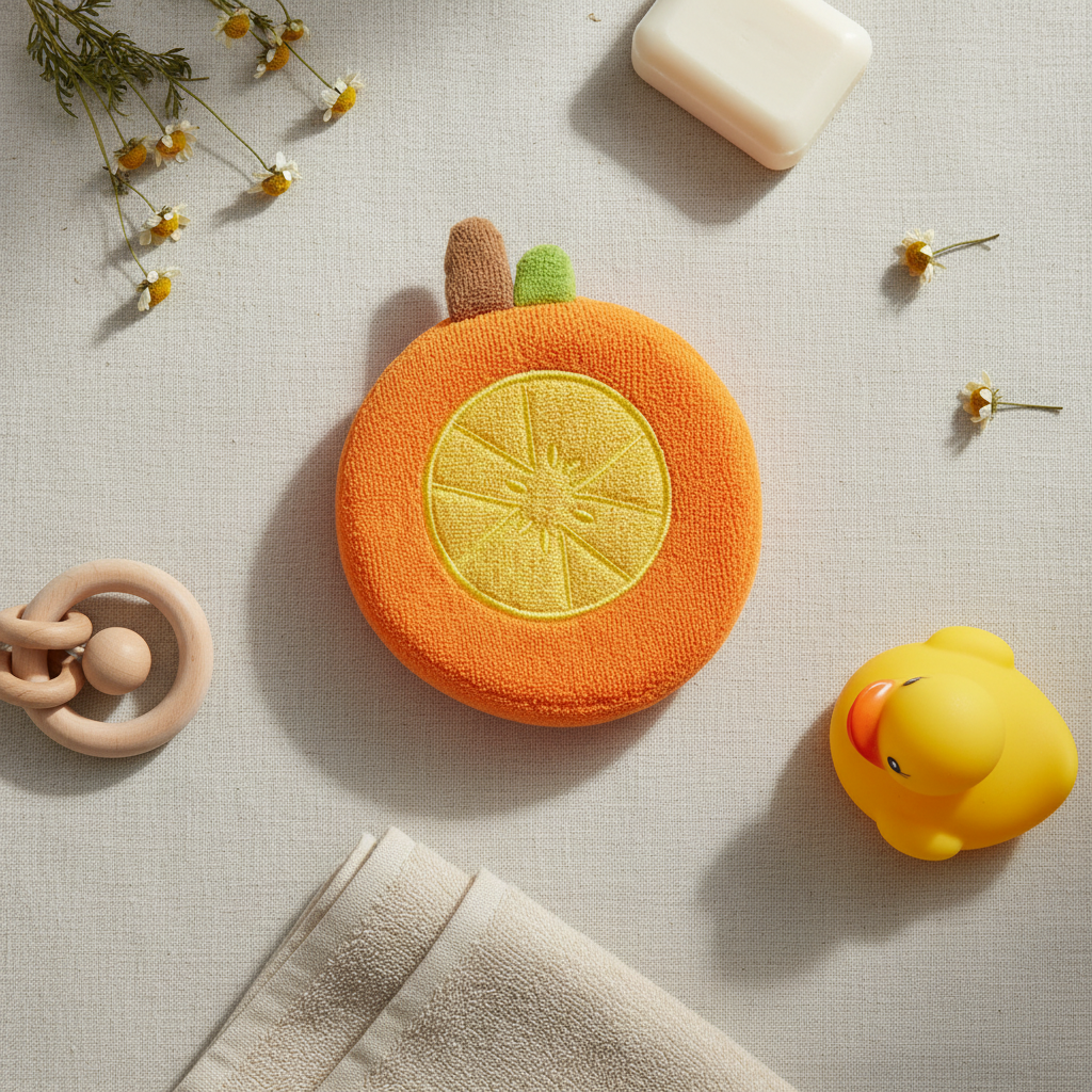 Orange slice baby bath sponge – lifestyle flat lay with rubber duck, wooden teether, soap bar and white towel on linen background