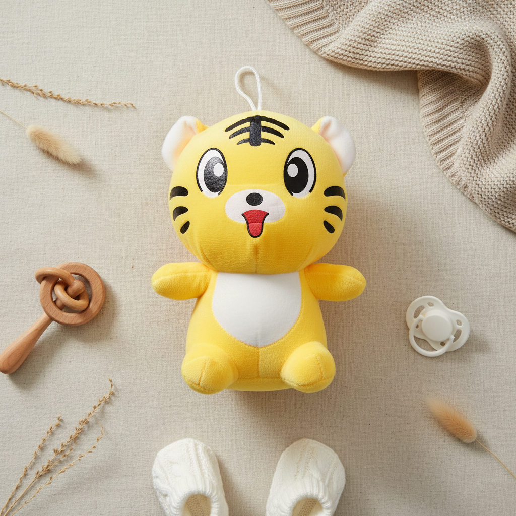 Yellow cartoon tiger plush doll – premium flat lay on beige background with wooden teether, baby socks and pacifier