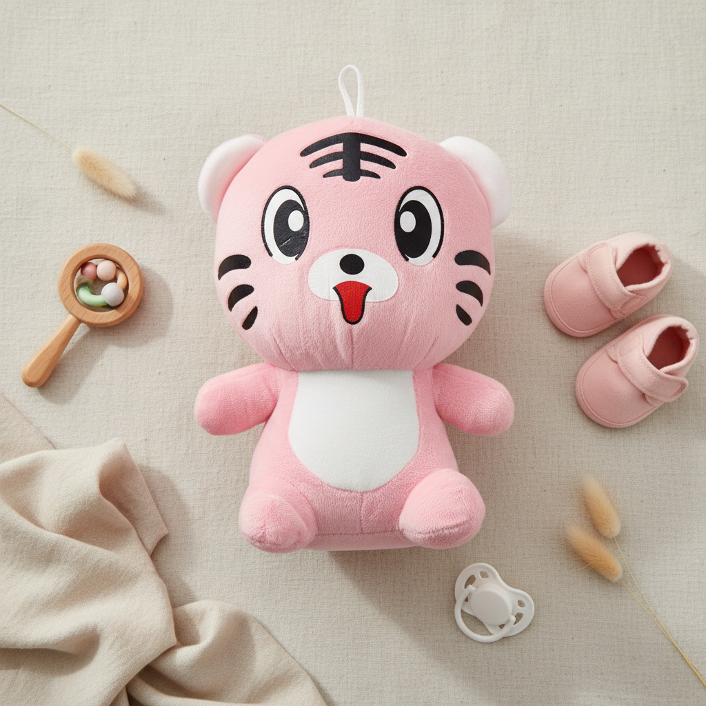 Blue cartoon tiger plush doll – premium flat lay on beige linen with wooden rattle, baby shoes, pacifier and pampas grass