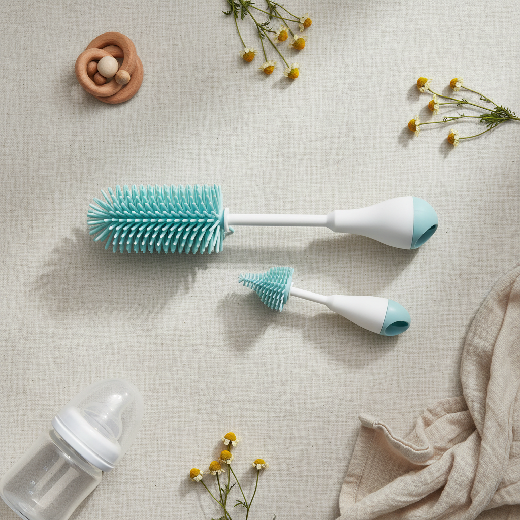 Mint silicone baby bottle brush set – premium flat lay on cream linen with baby bottle, wooden teether and chamomile flowers