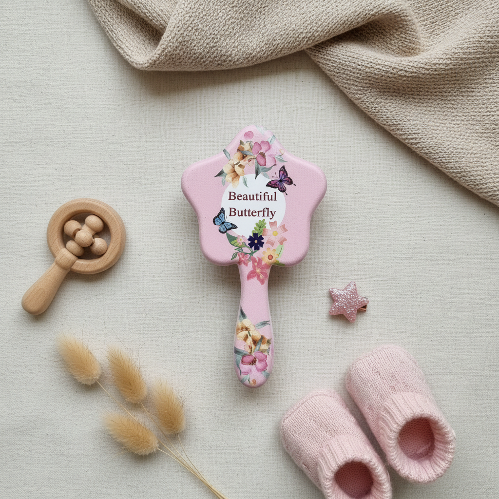 Beautiful Butterfly hair brush and mirror gift set – premium flat lay on cream linen showing both pieces with baby shoes and dried flowers