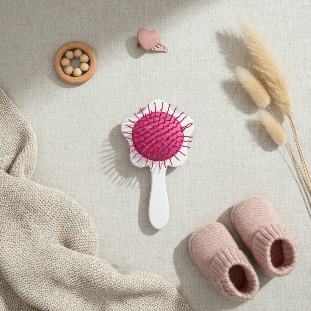 Beautiful Butterfly flower hair brush – premium flat lay on cream linen with wooden rattle, pink hair clip, baby shoes and pampas grass