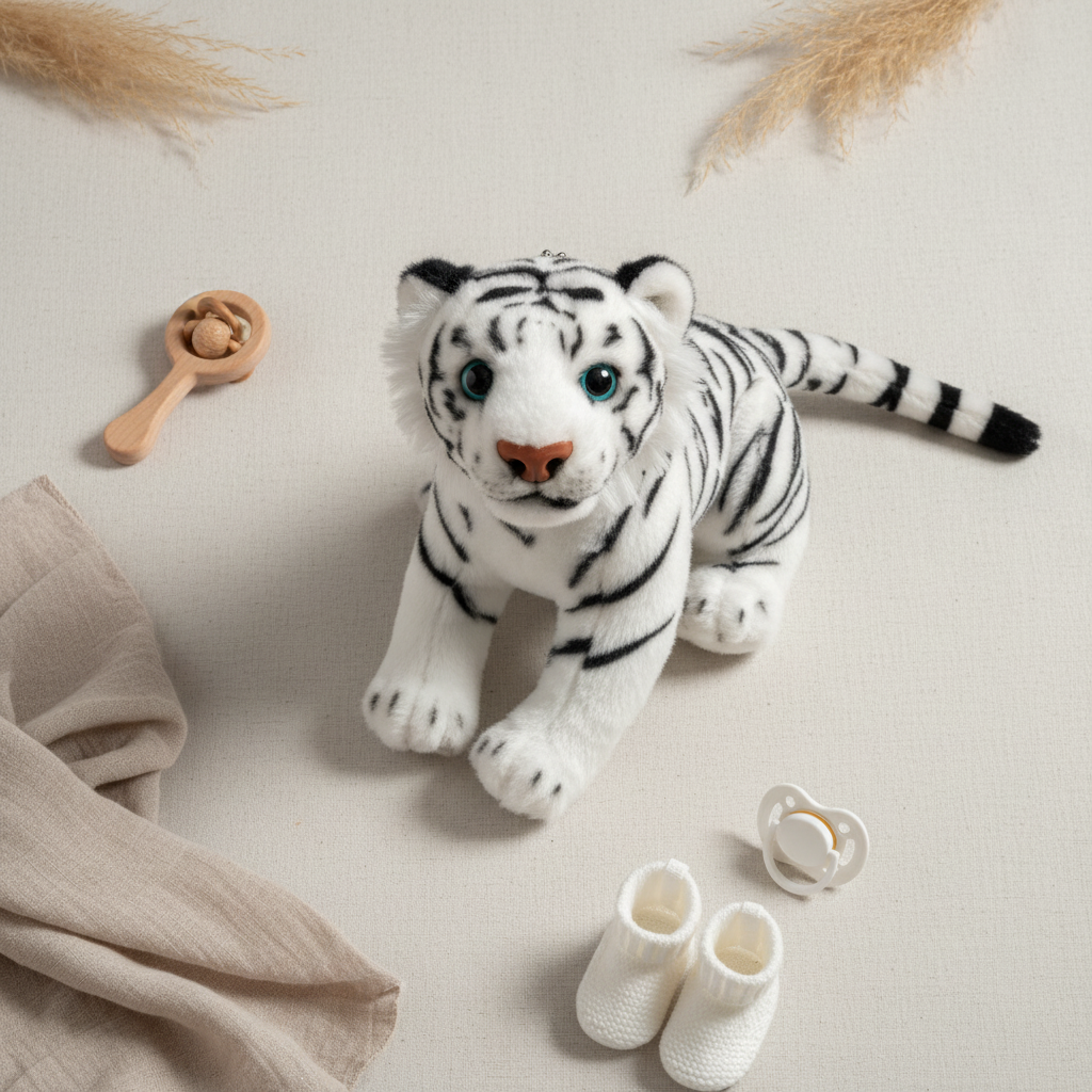 White tiger cub plush stuffed toy – premium flat lay on cream linen with wooden rattle, white baby shoes, pacifier and pampas grass