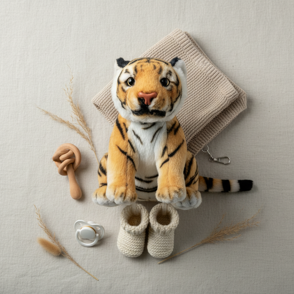 Bengal tiger cub plush stuffed toy – premium flat lay on cream linen with wooden rattle, knit baby booties, pacifier and dried grass