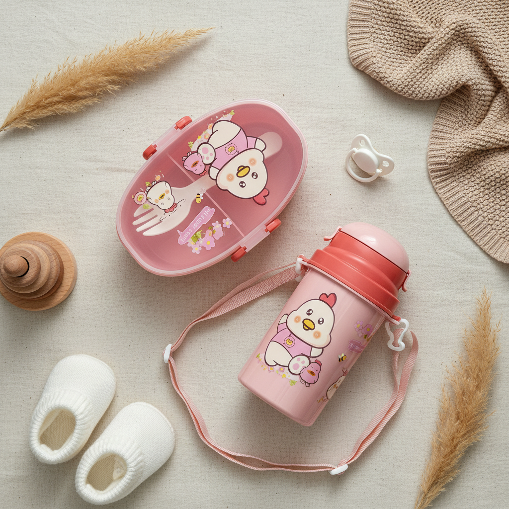 Pink chicken cartoon kids lunch box and water bottle set – premium flat lay on cream linen with baby shoes, pacifier and pampas grass