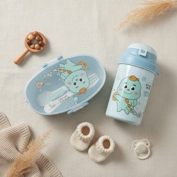 Blue dino cartoon kids lunch box and water bottle set – premium flat lay on cream linen with wooden rattle, knit booties and pacifier