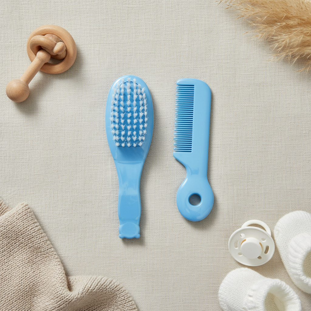 Blue baby hair brush and comb set – premium flat lay on cream linen with wooden rattle, pacifier, white baby socks and pampas grass