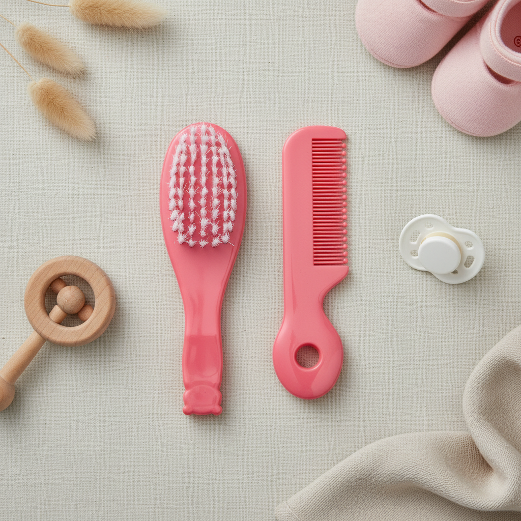 Pink baby hair brush and comb set – premium flat lay on cream linen with wooden rattle, pink baby shoes, pacifier and bunny grass