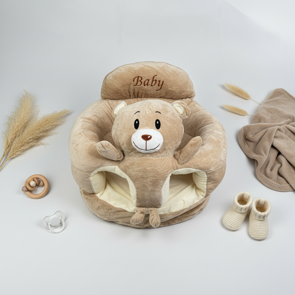 Teddy bear plush baby sitting support sofa – premium flat lay on white background with pampas grass, wooden rattle, pacifier and knit booties