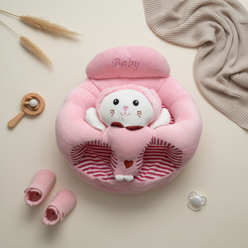 Pink bunny plush baby sitting support sofa – premium flat lay on cream background with wooden rattle, pink baby shoes and pacifier
