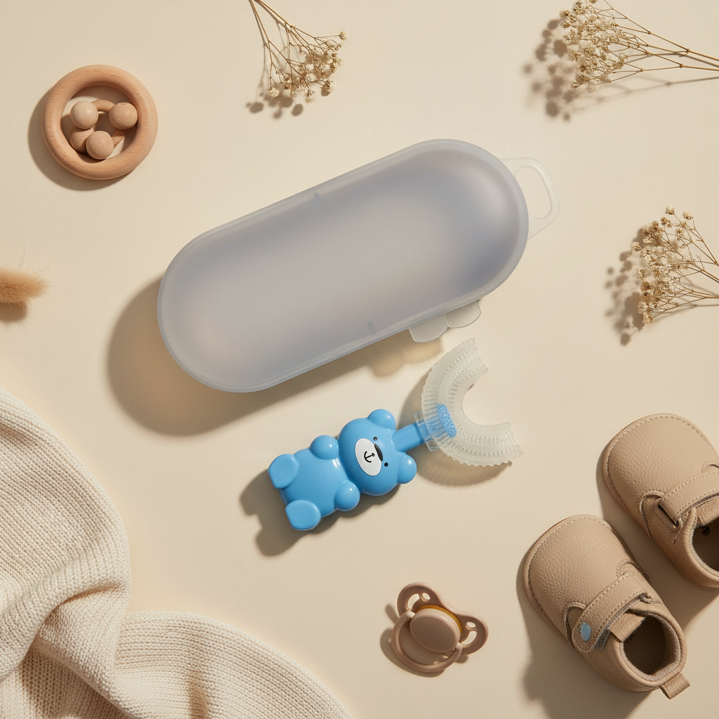 U-shape silicone baby toothbrush with blue bear handle – premium flat lay on cream background with frosted travel case, wooden rattle, pacifier, baby shoes and dried flowers
