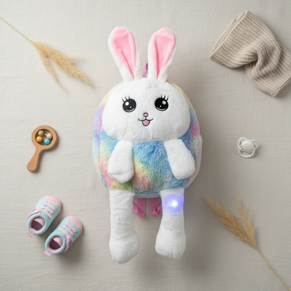 Rainbow bunny LED light-up plush backpack – lifestyle flat lay with baby shoes, wooden rattle and pacifier showing full rainbow body