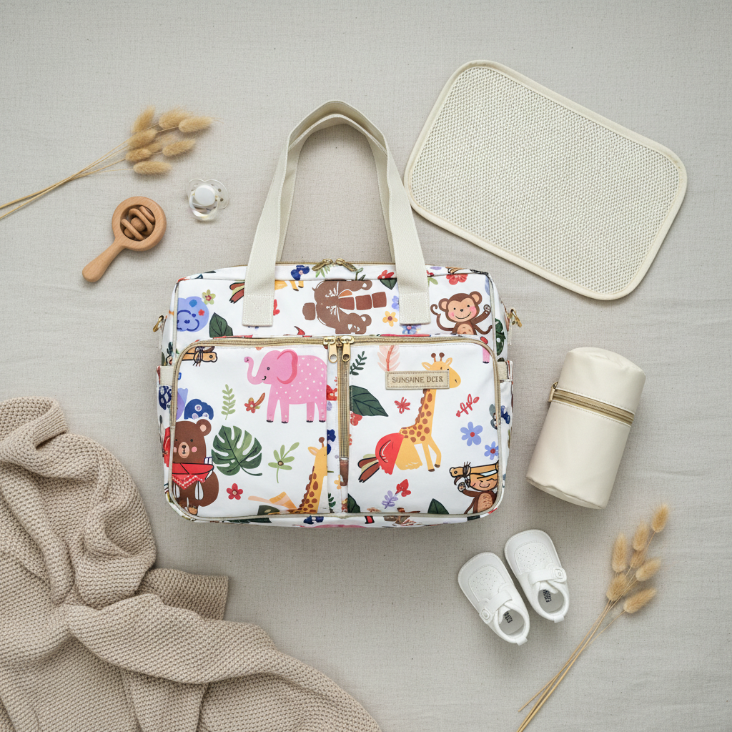 Sunshine Deer safari animals diaper bag set – premium flat lay with changing mat, bottle holder, baby shoes, pacifier and pampas grass