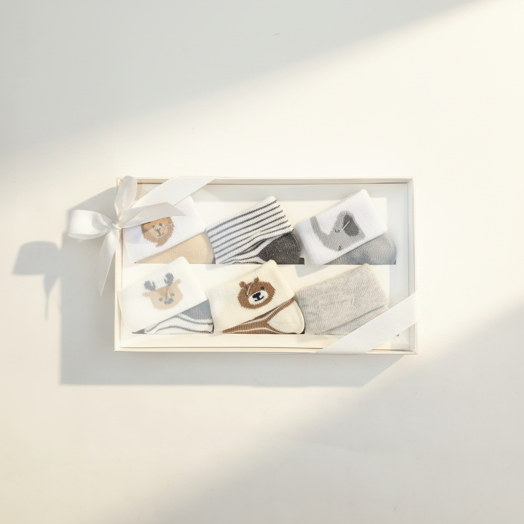 Baby Woodland Animal Socks 5 Pair Gift Box - premium studio scene top view white background with satin ribbon