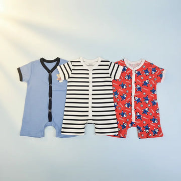 Baby Boy 3-Pack Short Sleeve Button-Front Rompers Blue Stripe Red Panda Football Print