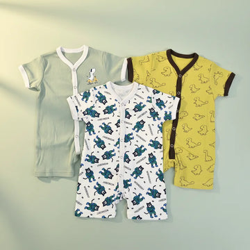 Baby Boy 3-Pack Short Sleeve Rompers Sage Green Dino Yellow Dino White Wednesday Bear