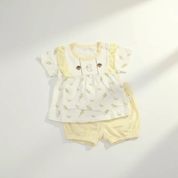 Baby Bunny Leaves Print Ruffle Short Sleeve Top & Shorts Set - 2 Piece