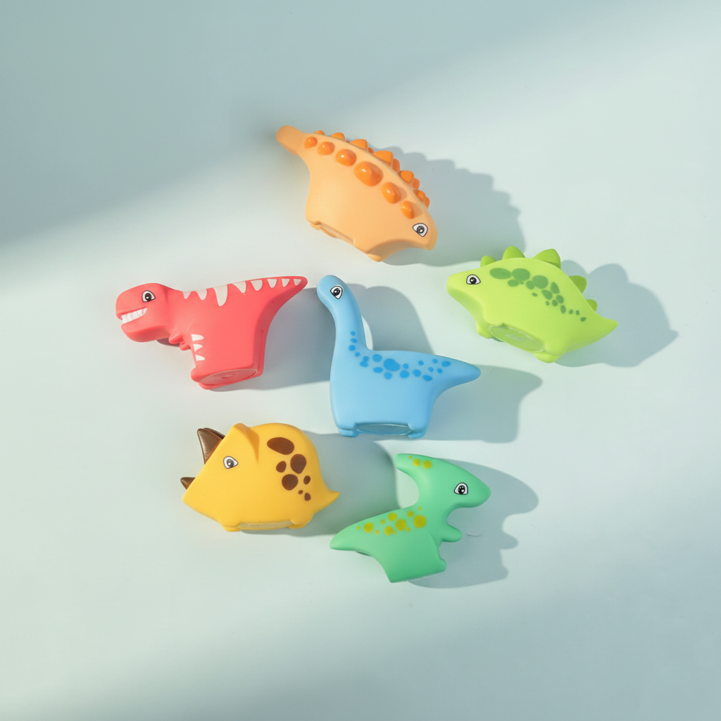 Baby Lov Toy Colourful Dinosaur Bath Toy 6-Pack - premium studio scene on light blue background with natural window light and shadows highlighting each colourful dinosaur character