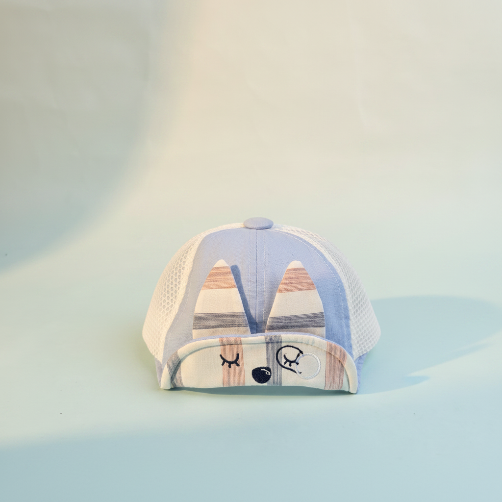 Baby Sleepy Bear Blue Plaid Mesh Cap - premium studio scene front view light blue background showing sleepy bear face and 3D ears