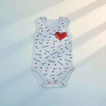 Babytone Family Love All-Over Print Baby Bodysuit White - premium studio scene flat lay light blue background with natural window light shadow showing white version full print