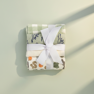 Bebe Favour Woodland Baby Washcloth Set - premium studio scene top view sage green background with natural window light shadow