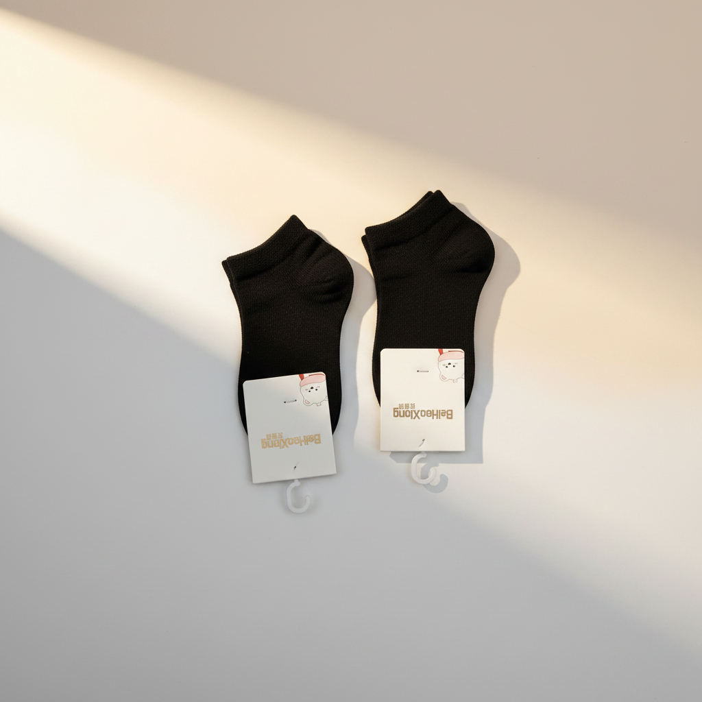 BeiHaoXiong Black Baby Ankle Socks - premium studio scene flat lay white background 2 pairs