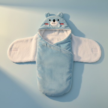 Blue bear hooded swaddle wrap – premium studio scene open flat showing sherpa lining and wing wrap design