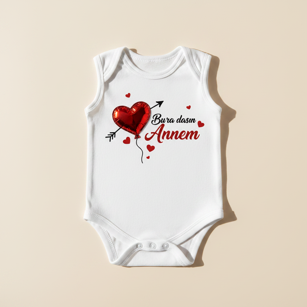 Buradasın Annem Baby Bodysuit - premium studio scene flat lay beige background