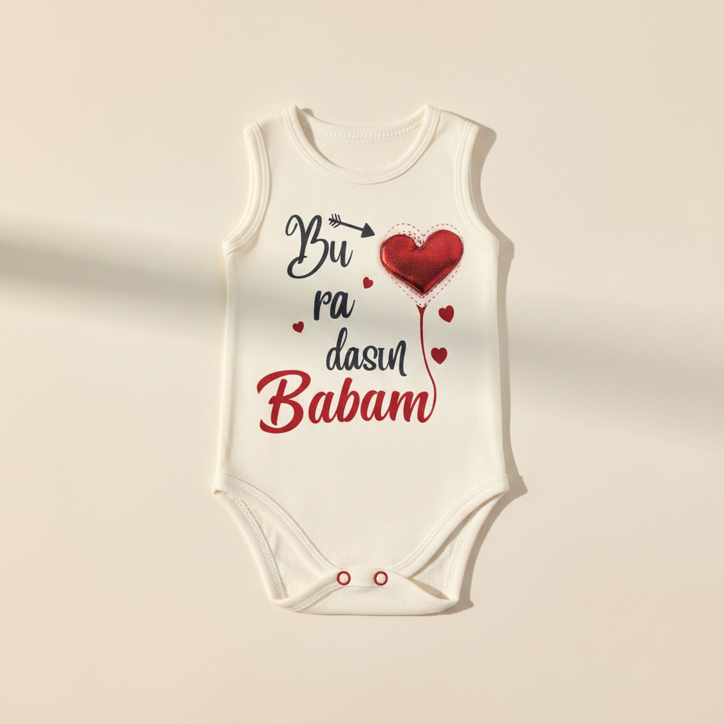 Buradasın Babam White Sleeveless Baby Bodysuit - premium studio scene flat lay warm beige background with natural window light shadow showing full print and snap button detail