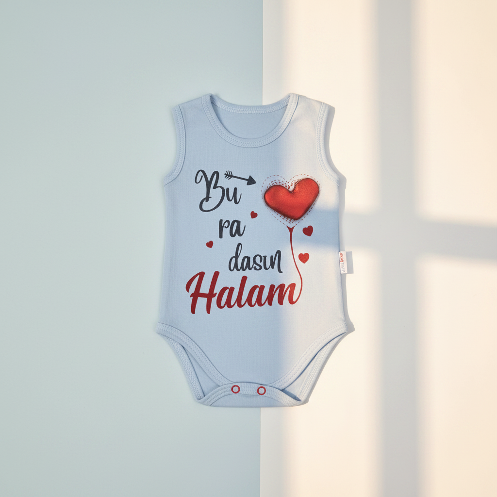 Buradasın Halam Light Blue Sleeveless Baby Bodysuit - premium studio scene front view on light blue and white split background with natural window light shadow