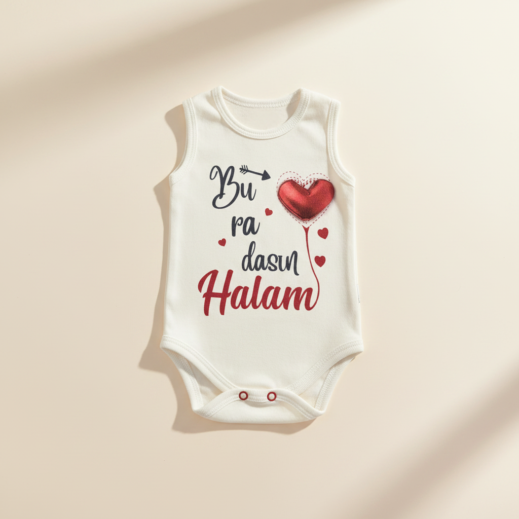 Buradasın Halam White Sleeveless Baby Bodysuit - premium studio scene front view on warm beige background with natural window light and shadow showing full print