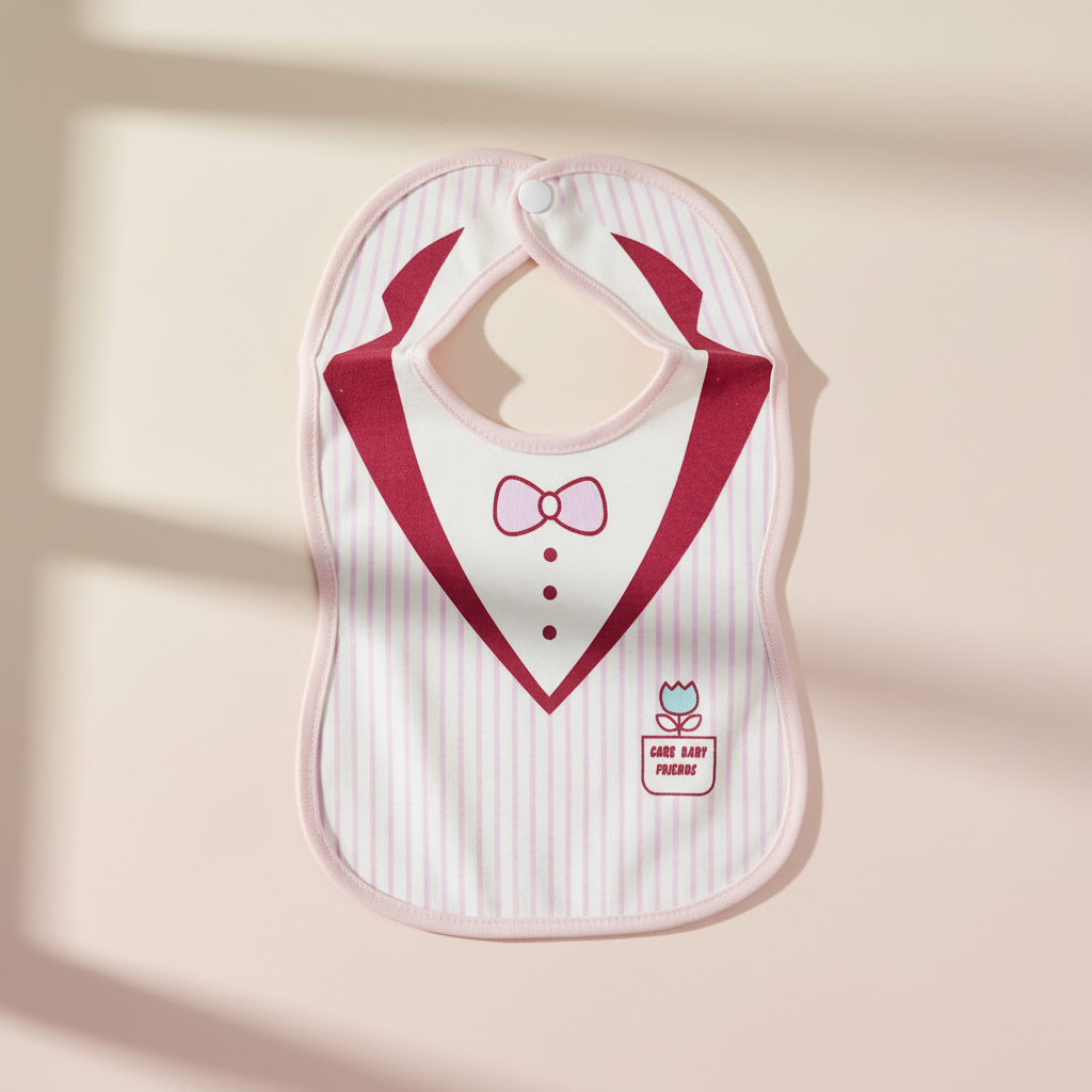 Care Baby Friends Tuxedo Baby Bib - premium studio scene hanging view warm beige background with natural light