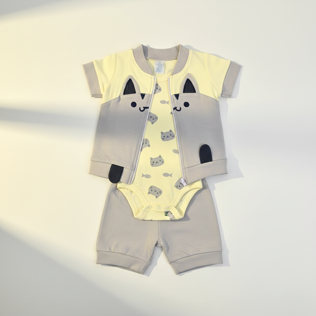 Carter's Gray Cat Face Zip Jacket Yellow Cat Print Bodysuit Gray Shorts 3-Piece Baby Set - premium studio scene flat lay on warm white background with natural window light shadow showing full set assembled