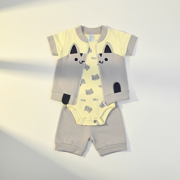 Carter's Gray Cat Face Zip Jacket Yellow Cat Print Bodysuit Gray Shorts 3-Piece Baby Set - premium studio scene flat lay on warm white background with natural window light shadow showing full set assembled