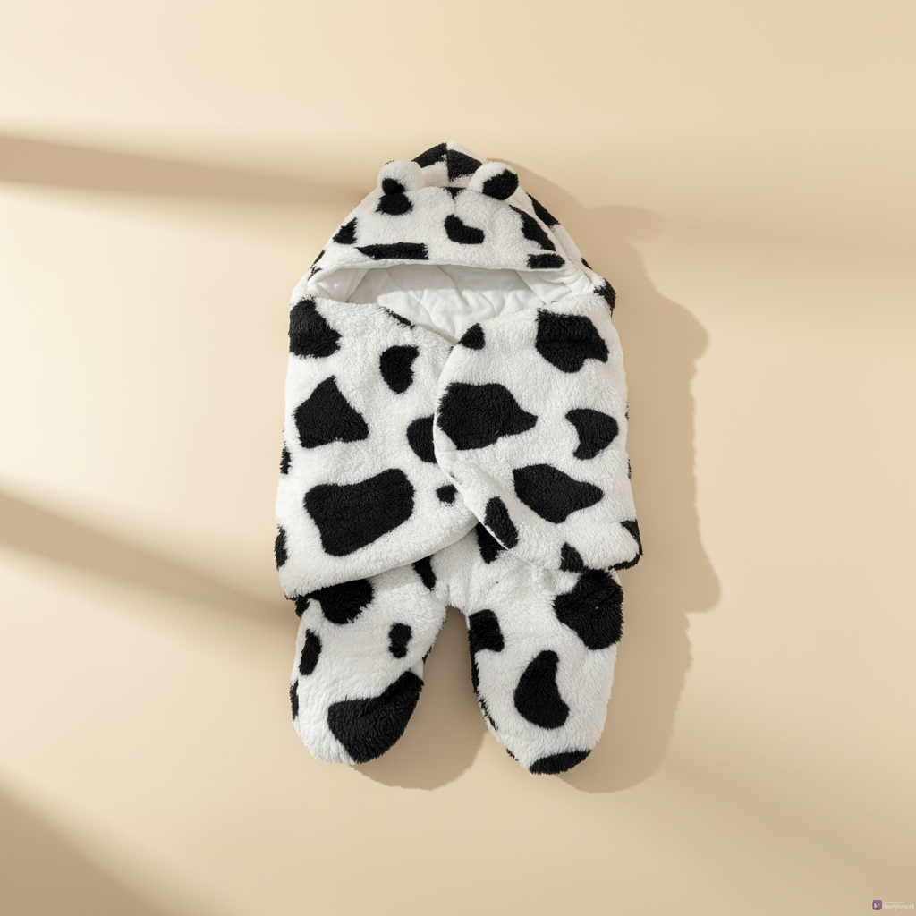 Cow print baby sleeping bag – premium studio scene showing 3D cow ears and wrap closure