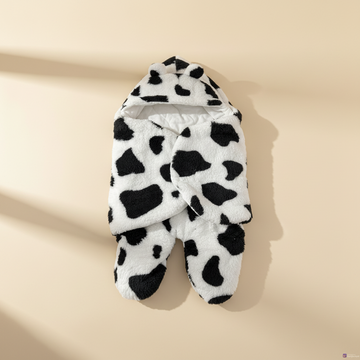 Cow print baby sleeping bag – premium studio scene showing 3D cow ears and wrap closure