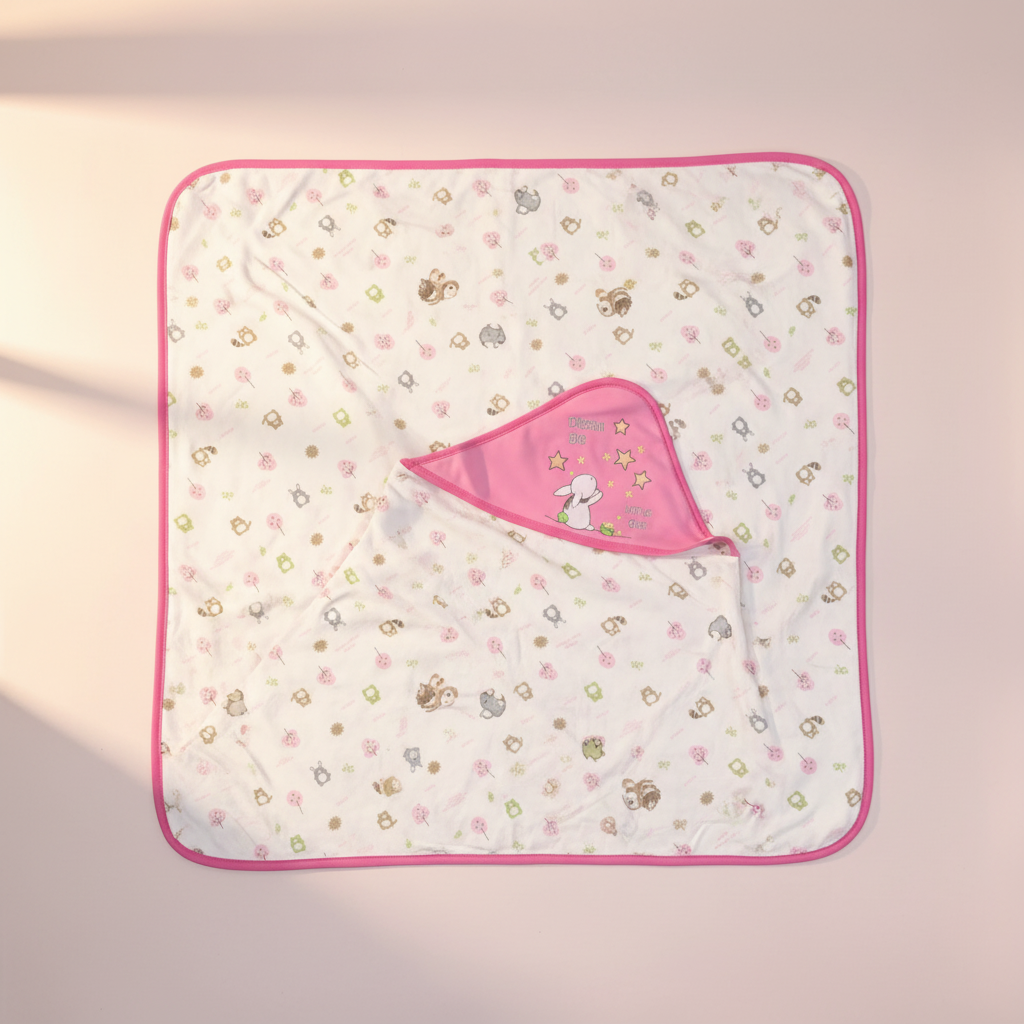 Dream Big Little One Pink Woodland Baby Blanket - premium studio scene top view on blush pink background with natural window light shadow showing full print and pink trim