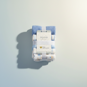 Duck Duck Goose Baby Boy Washcloth Set 12 Pack - premium studio scene top view light blue background with natural window shadow