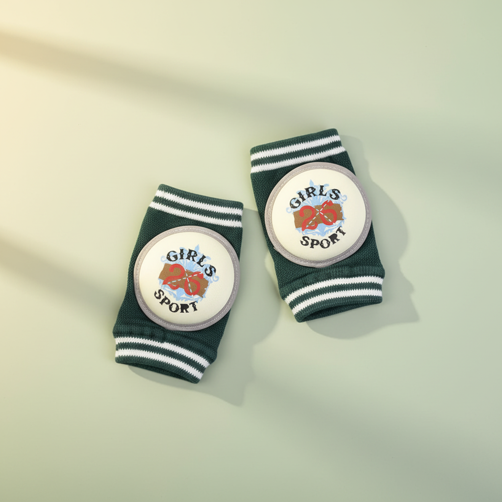 Girls Sport Baby Knee Pads - premium studio scene green background angled view
