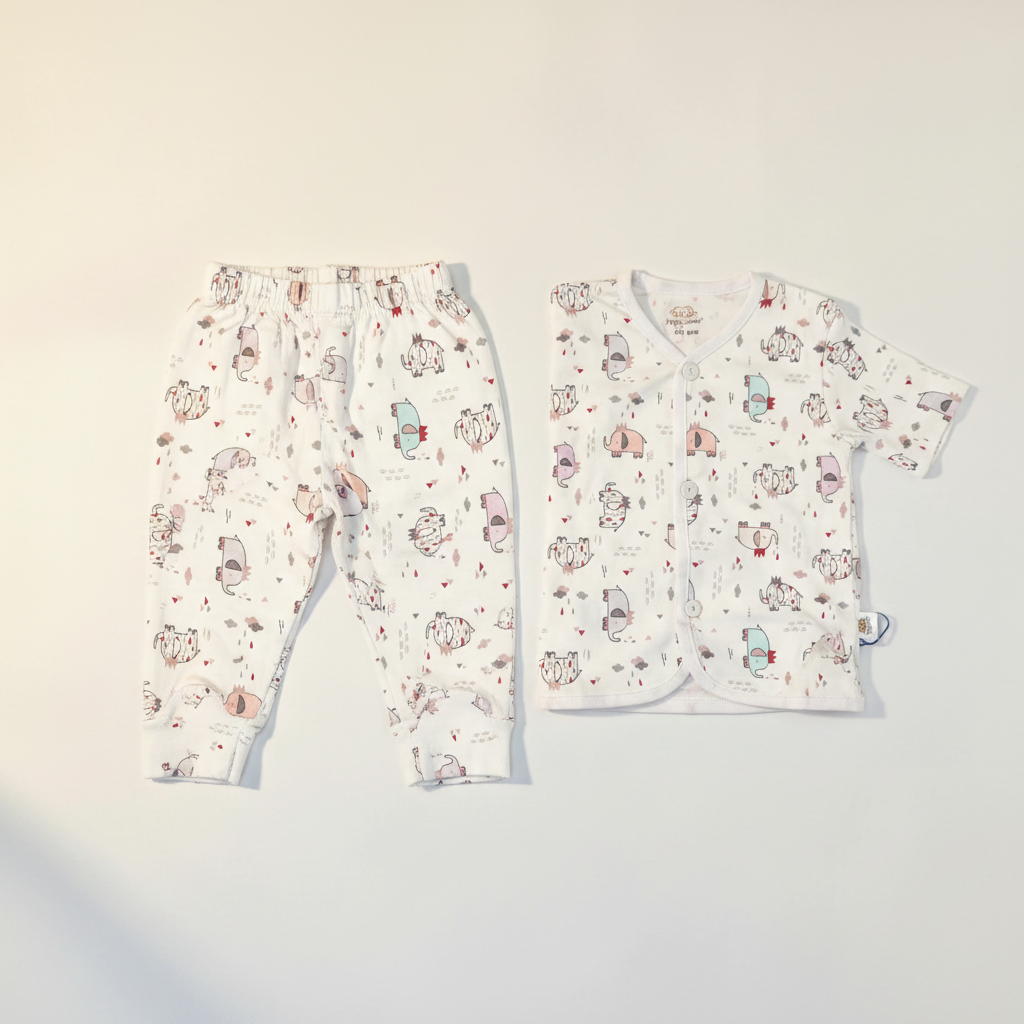 Happy Cosy Cartoon Monster Animal Print Baby Pyjama Set - premium studio lifestyle flat lay on beige linen showing long sleeve top and trousers with wooden elephant teether white baby shoes and dried lavender