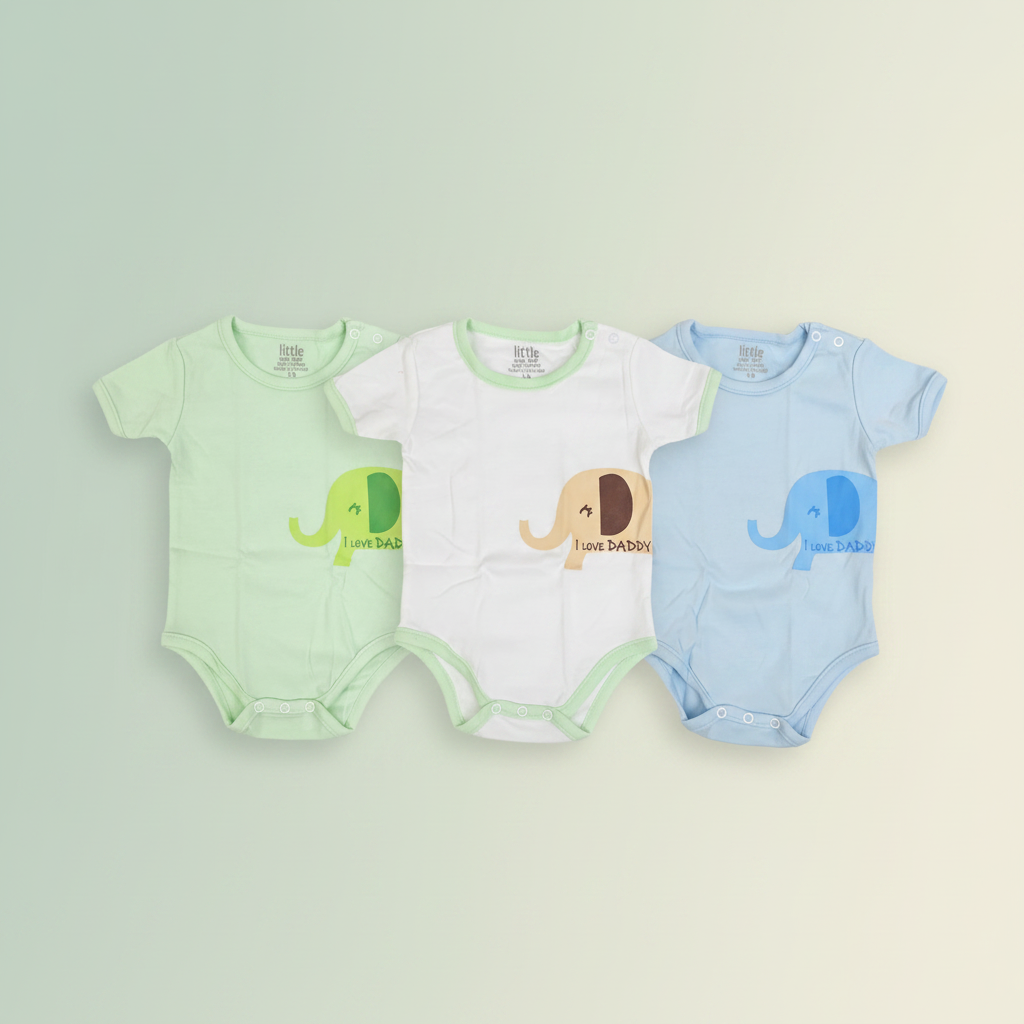 Little Home Baby I Love Daddy Elephant Bodysuit 3-Pack premium studio flat lay sage green gradient background all 3 bodysuits side by side