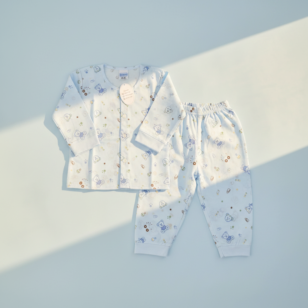 Mamo Blue Bear Bunny Print Baby Pyjama Set - premium studio scene flat lay on light blue background with natural window light and shadow showing full set with button front detail