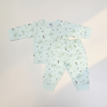 Mamo Light Blue Bear Print Baby Pyjama Set - premium studio scene flat lay on white background with natural window light and shadow showing full set side by side