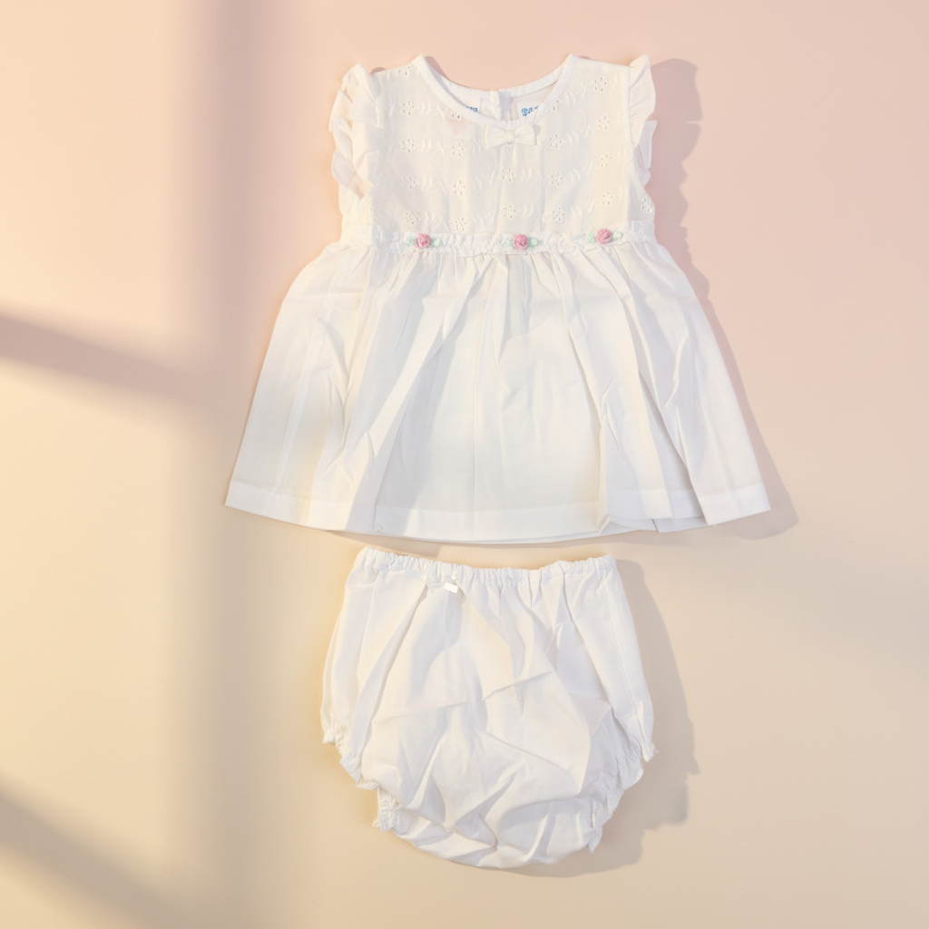 Mo Mo Kids White Eyelet Lace Baby Girl Dress Bloomer Set - premium studio scene flat lay peach background with natural window shadow showing dress and bloomer