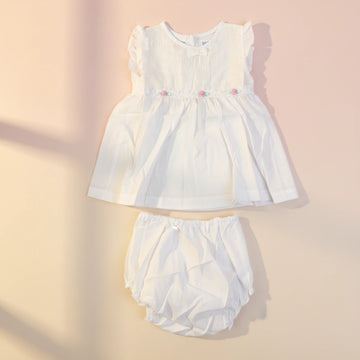 Mo Mo Kids White Eyelet Lace Baby Girl Dress & Bloomer Set with Rose Detail