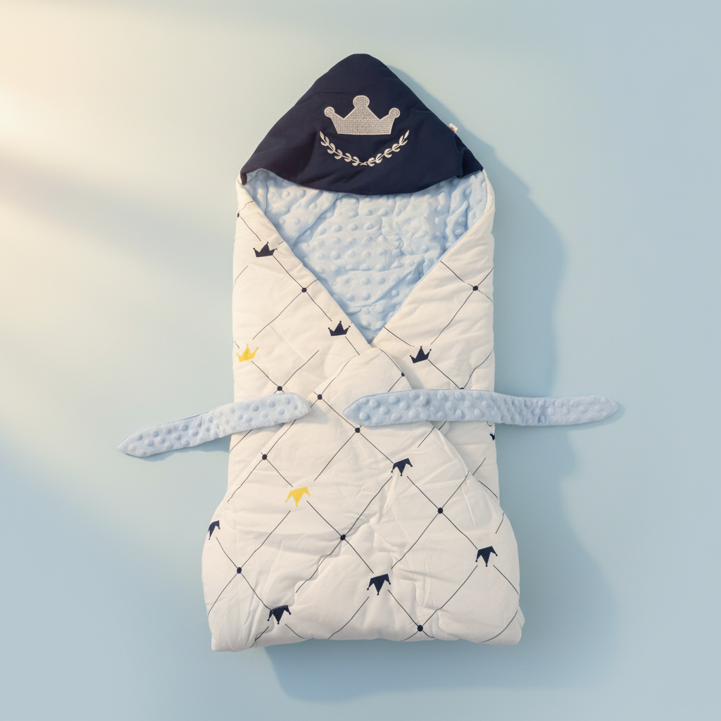 Navy crown minky baby sleeping bag – premium studio scene showing blue minky lining and crown print detail